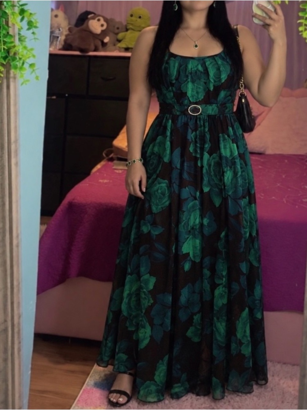 Green Floral Maxi Dress with Belt